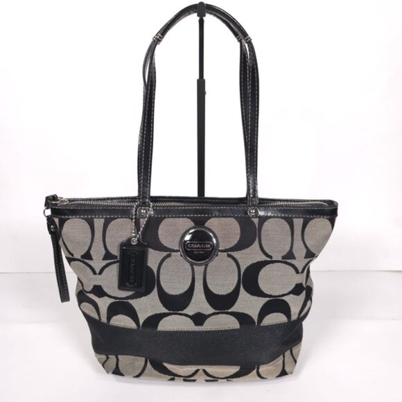 COACH Signature Striped Tote‎ F17433 Black Jacquard Leather Purse Shoulder Bag - Picture 1 of 10